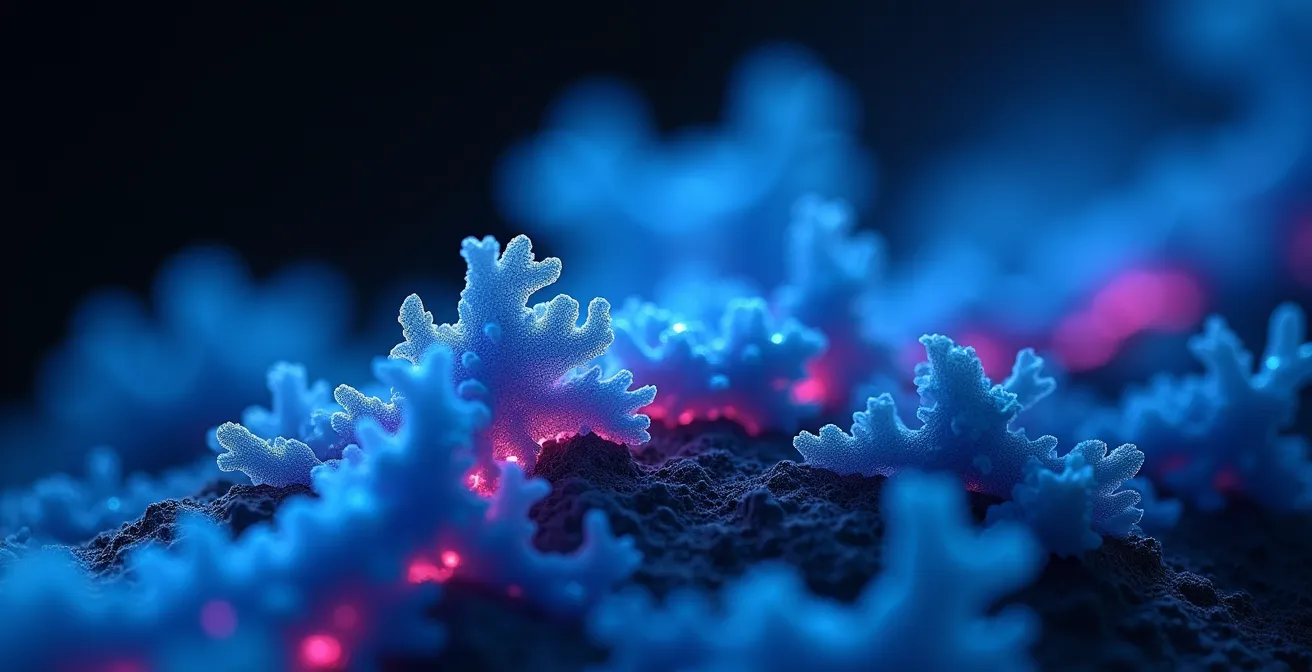 Vue macro détaillée de neurones et synapses avec impulsions lumineuses bleues représentant l'activité cérébrale nocturne