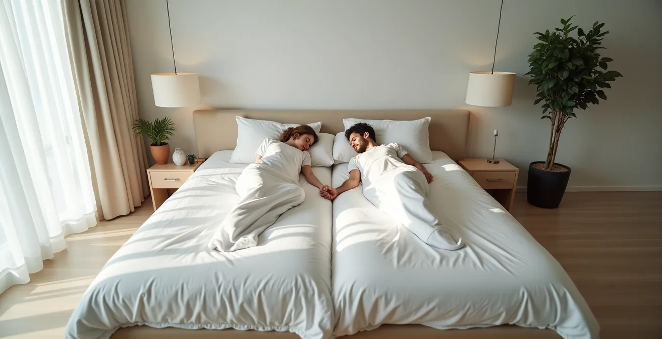 Vue aérienne d'un couple dormant sur un matelas à zones différenciées, chacun dans sa position préférée