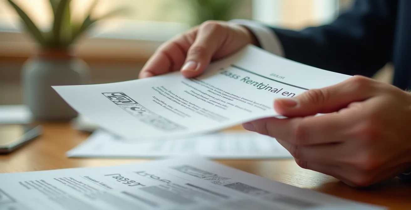 Mains examinant des documents de certification sur un bureau épuré